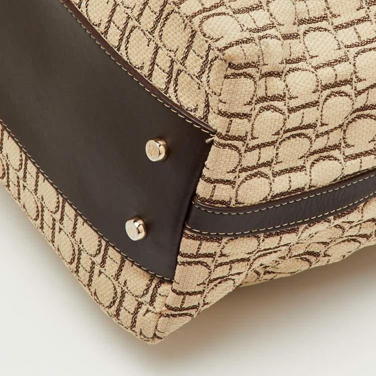 Pre Owned CH Carolina Herrera Brown/Beige Monogram Canvas and Leather Drawstring Bucket Bag