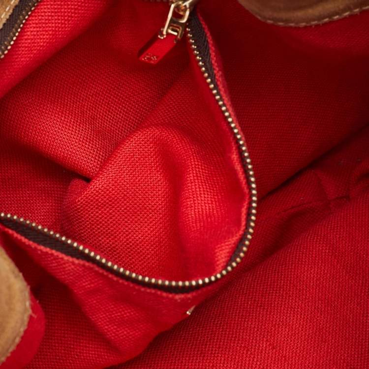 Pre Owned CH Carolina Herrera Brown/Beige Monogram Canvas and Leather Drawstring Bucket Bag