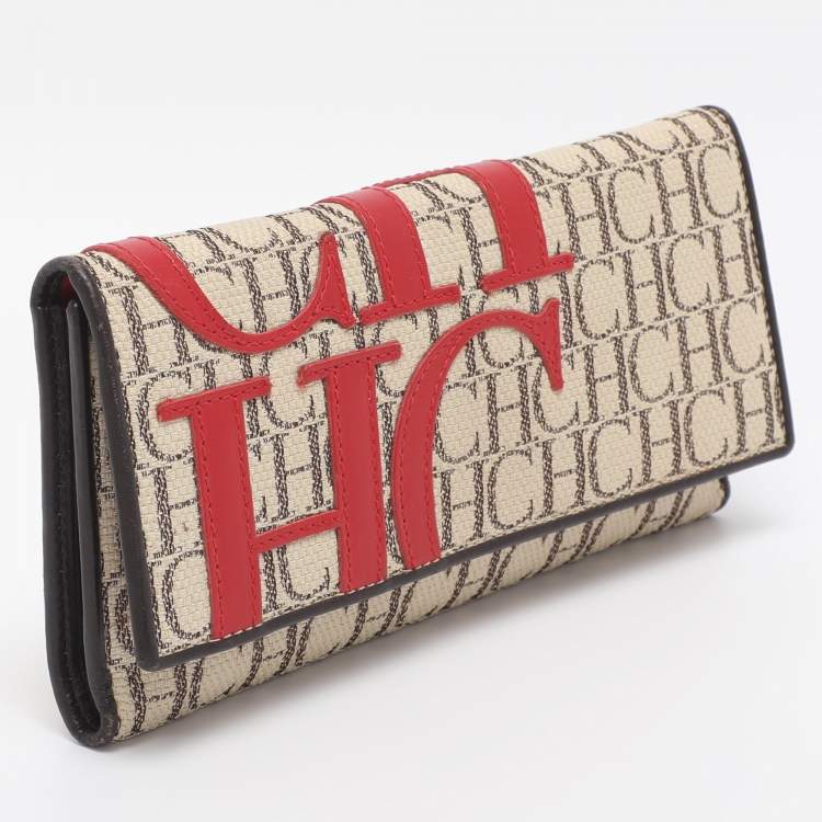 مملوكة مسبقًا CH Carolina Herrera Beige/Red Canvas and Leather Continental Wallet