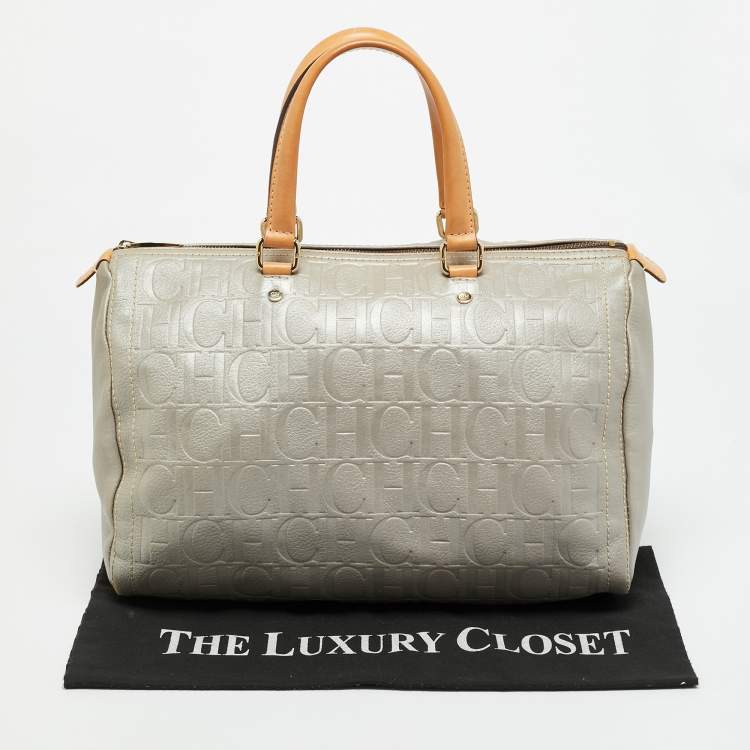 Pre Owned CH Carolina Herrera Andy Large Grey Monogram Embossed Leather Boston Bag
