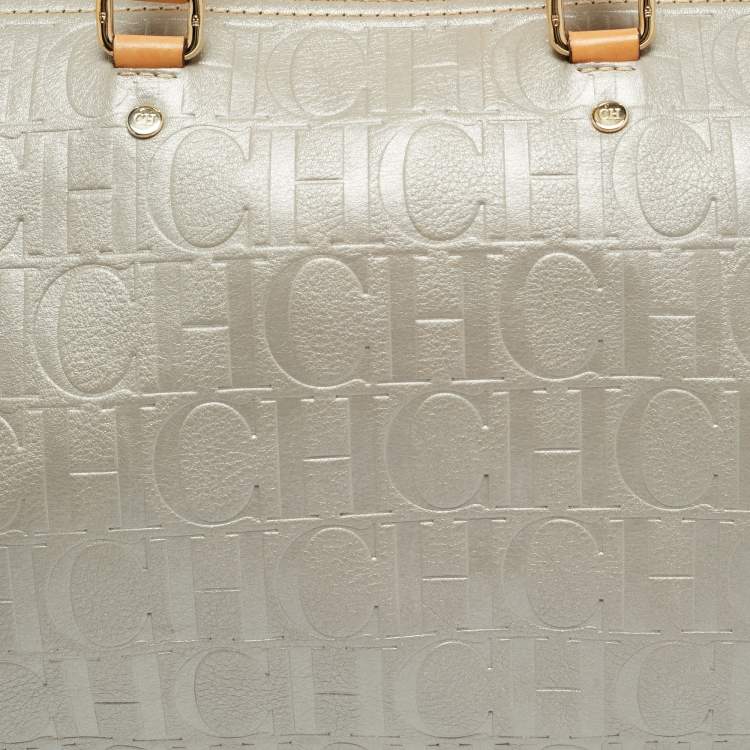 Pre Owned CH Carolina Herrera Andy Large Grey Monogram Embossed Leather Boston Bag