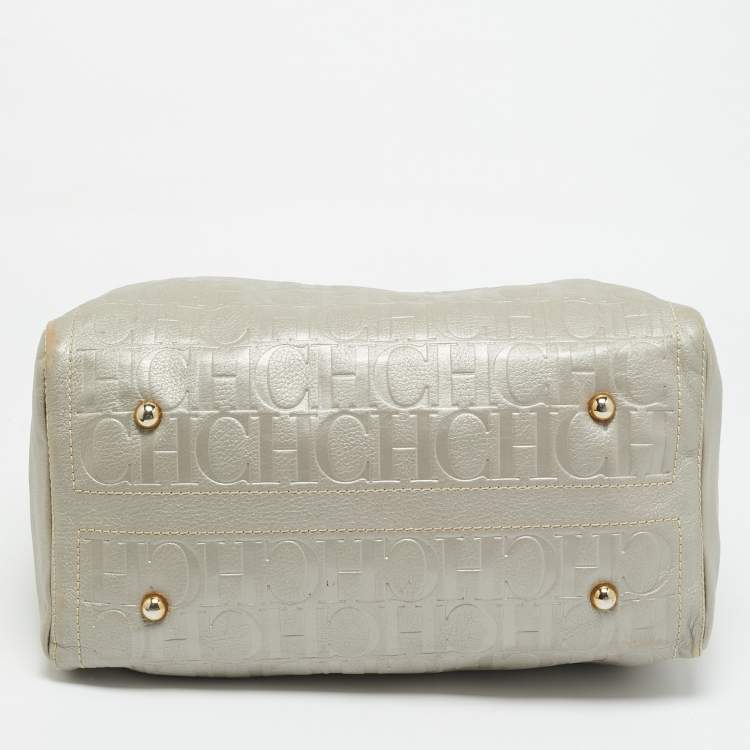 Pre Owned CH Carolina Herrera Andy Large Grey Monogram Embossed Leather Boston Bag
