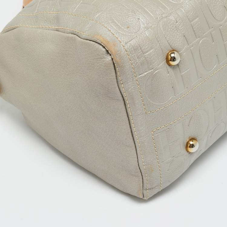 Pre Owned CH Carolina Herrera Andy Large Grey Monogram Embossed Leather Boston Bag
