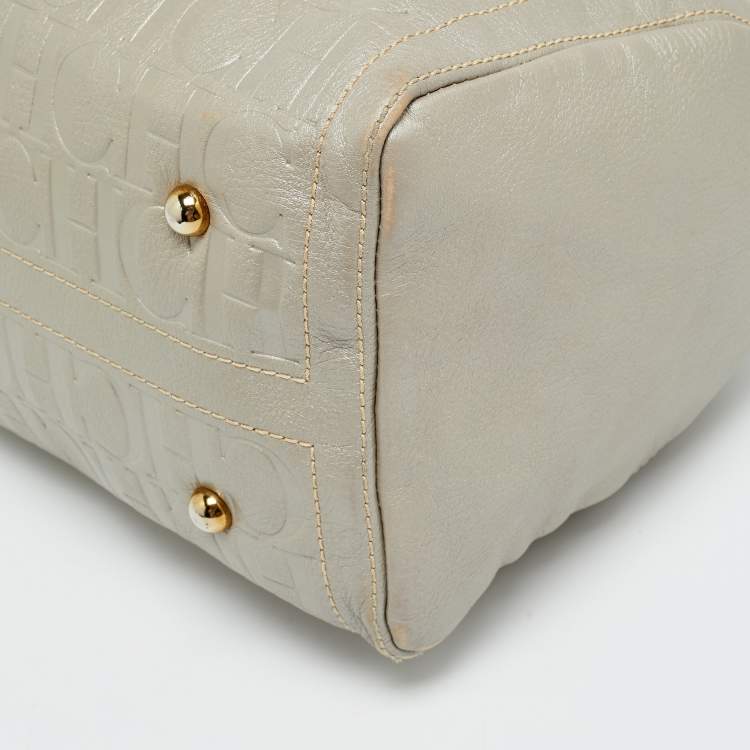 Pre Owned CH Carolina Herrera Andy Large Grey Monogram Embossed Leather Boston Bag