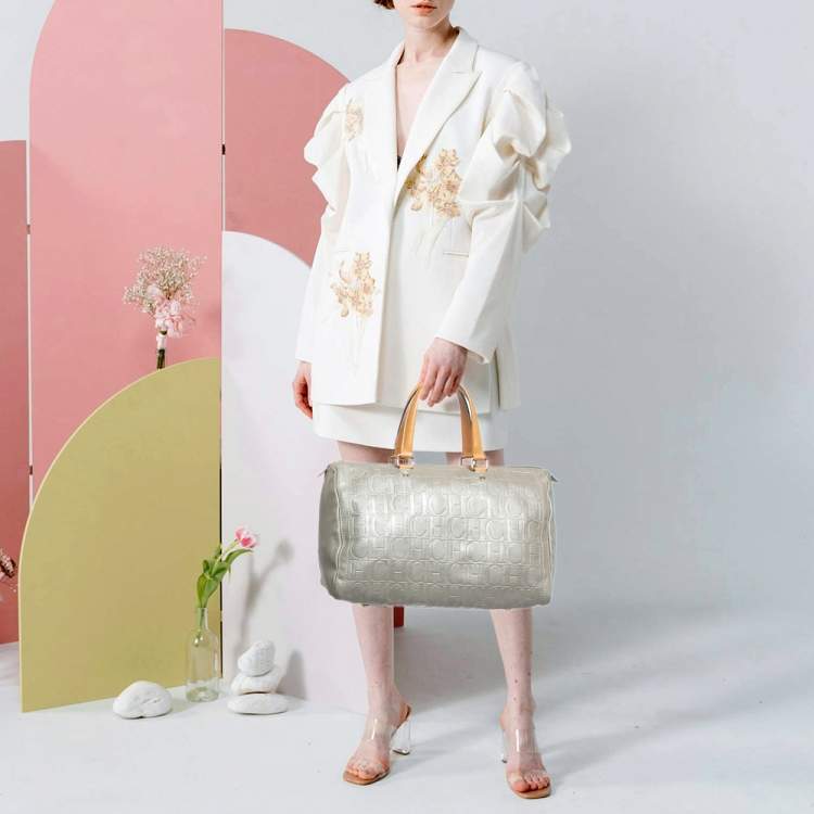 Pre Owned CH Carolina Herrera Andy Large Grey Monogram Embossed Leather Boston Bag