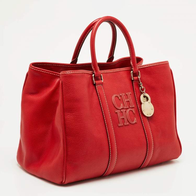 Pre Owned CH Carolina Herrera Red Grained Leather Matteo Tote