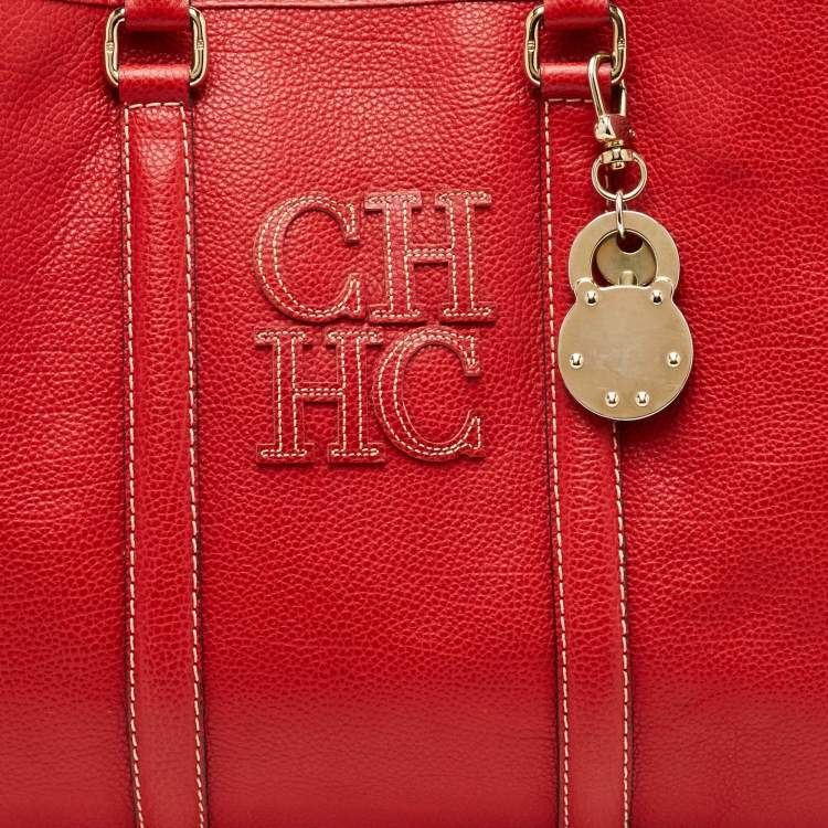 Pre Owned CH Carolina Herrera Red Grained Leather Matteo Tote