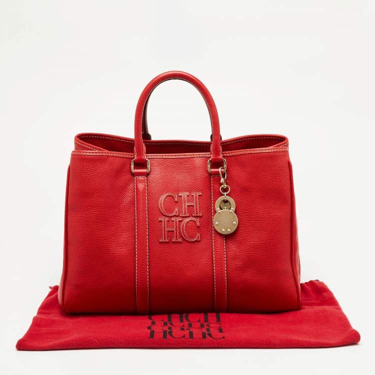 Pre Owned CH Carolina Herrera Red Grained Leather Matteo Tote