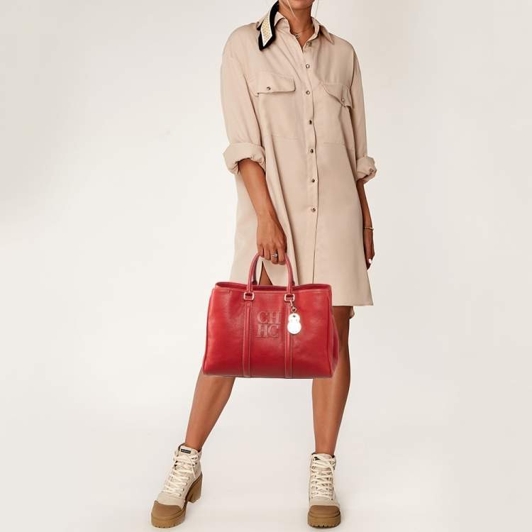 Pre Owned CH Carolina Herrera Red Grained Leather Matteo Tote