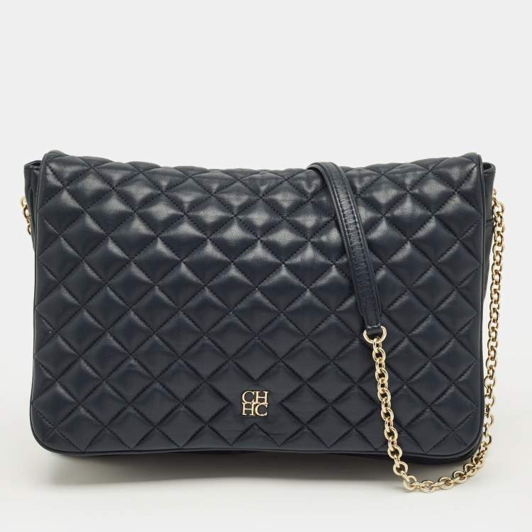 Pre Owned CH Carolina Herrera Flap Chain Navy Blue Quilted Leather Shoulder Bag