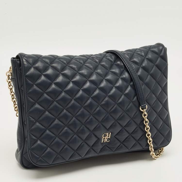 Pre Owned CH Carolina Herrera Flap Chain Navy Blue Quilted Leather Shoulder Bag