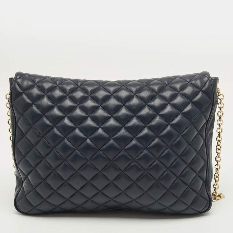 Pre Owned CH Carolina Herrera Flap Chain Navy Blue Quilted Leather Shoulder Bag