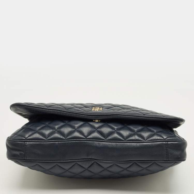 Pre Owned CH Carolina Herrera Flap Chain Navy Blue Quilted Leather Shoulder Bag