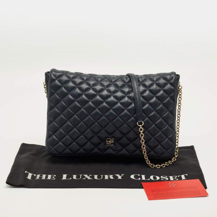 Pre Owned CH Carolina Herrera Flap Chain Navy Blue Quilted Leather Shoulder Bag