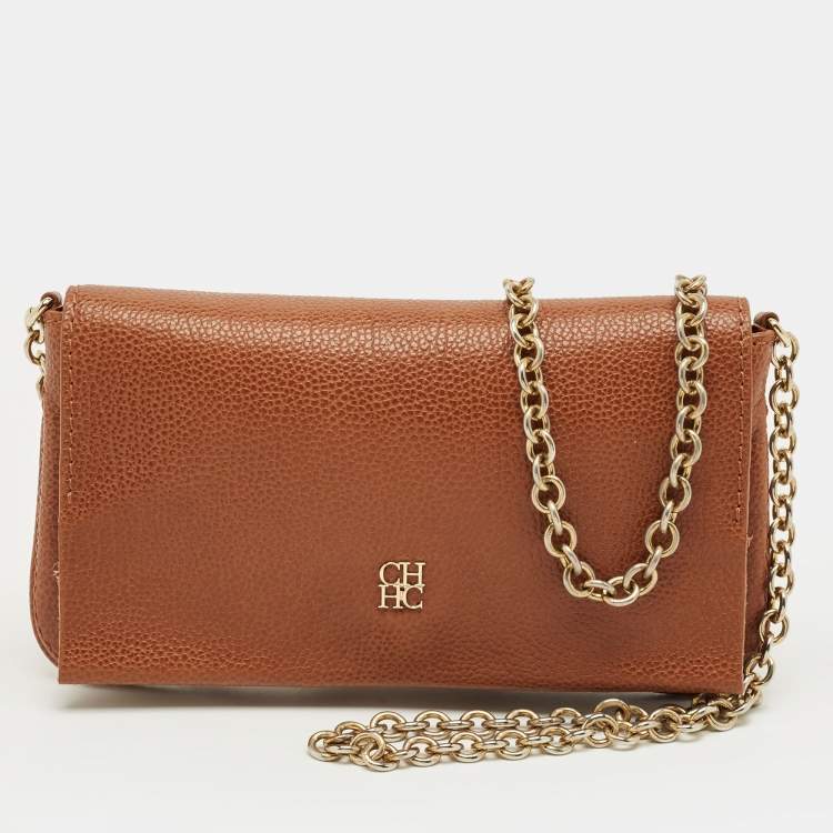 Pre Owned CH Carolina Herrera Brown Monogram Leather Crossbody Bag