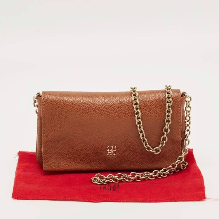 Pre Owned CH Carolina Herrera Brown Monogram Leather Crossbody Bag