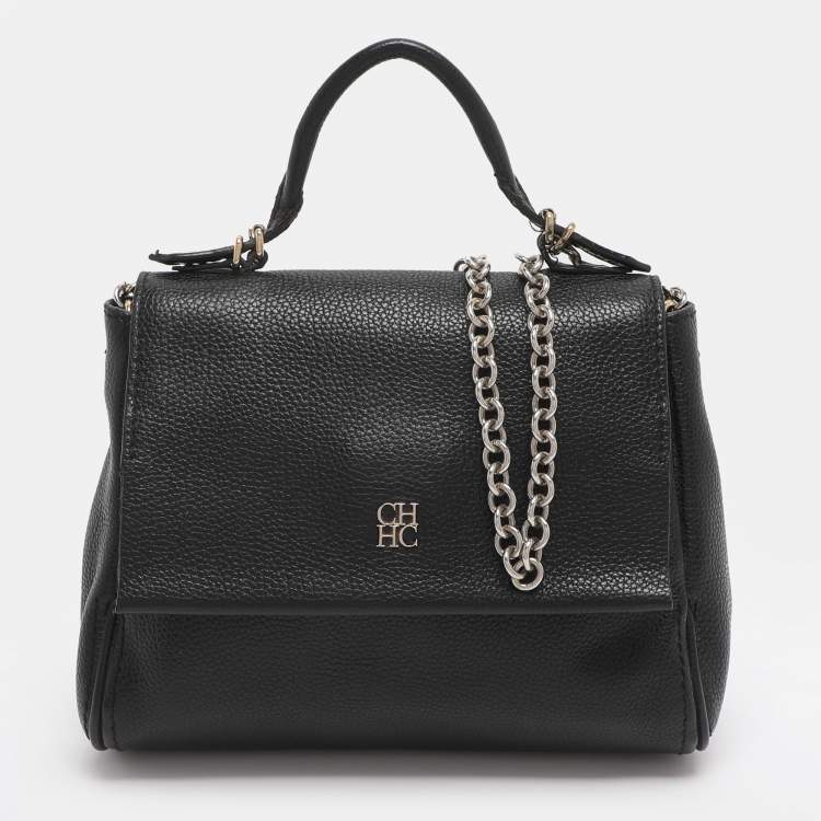 Pre Owned CH Carolina Herrera Minuetto Small Black Leather Top Handle Bag