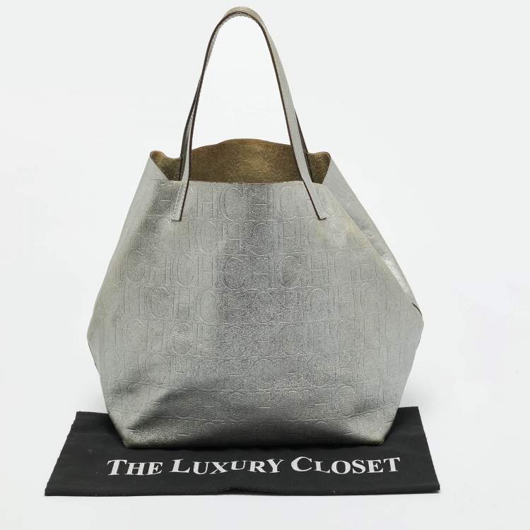 Pre Owned Carolina Herrera Matryoshka Metallic Grey Monogram Leather Tote