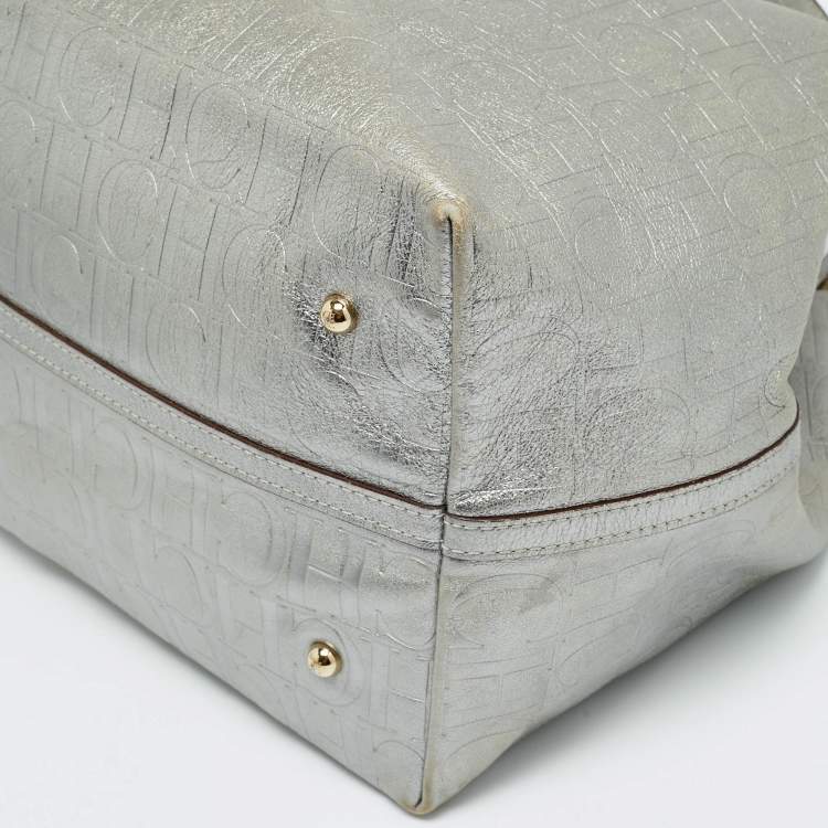 Pre Owned Carolina Herrera Matryoshka Metallic Grey Monogram Leather Tote