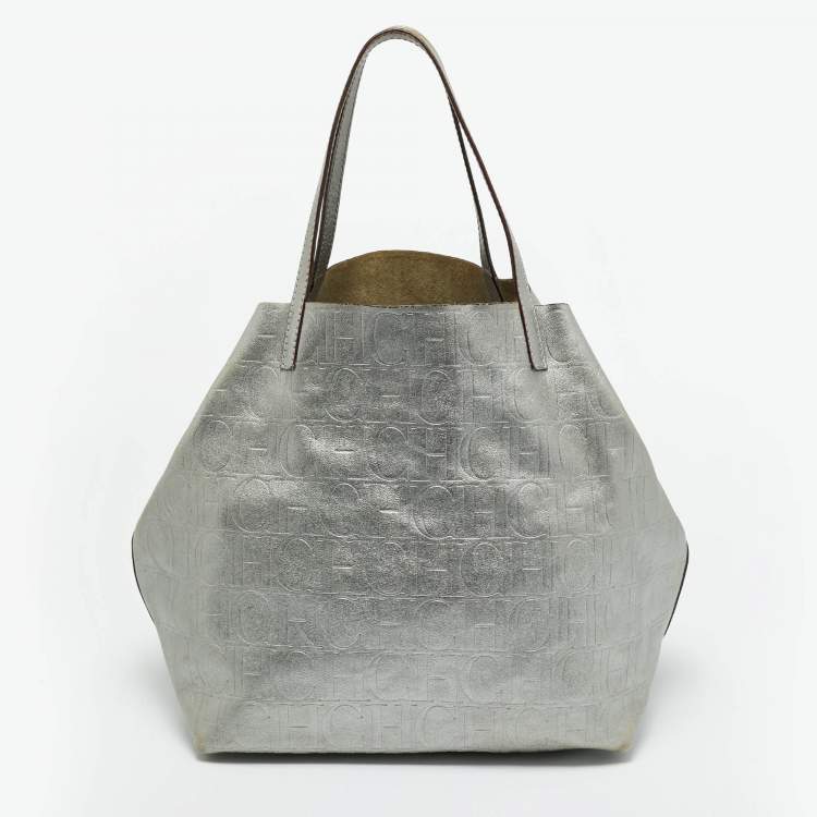 Pre Owned Carolina Herrera Matryoshka Metallic Grey Monogram Leather Tote