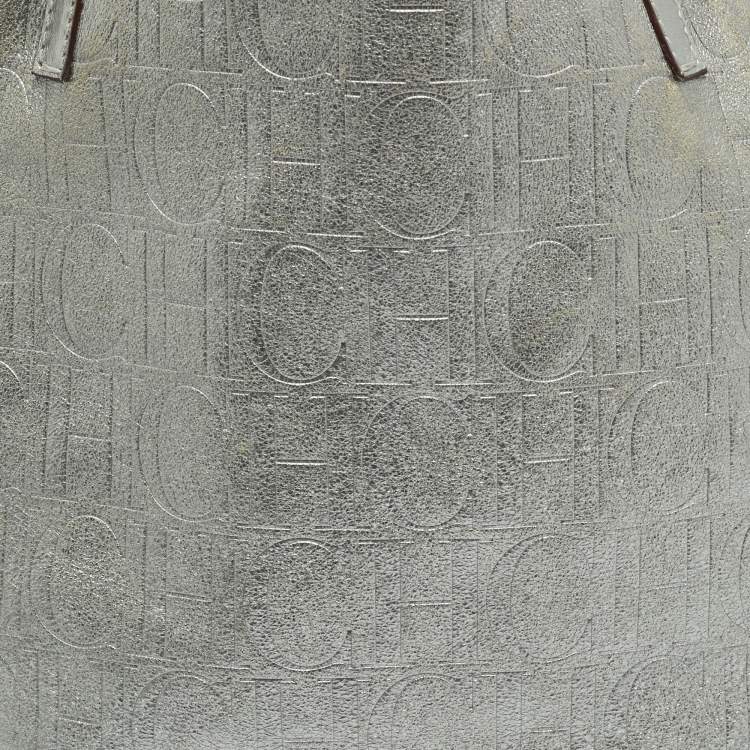 Pre Owned Carolina Herrera Matryoshka Metallic Grey Monogram Leather Tote