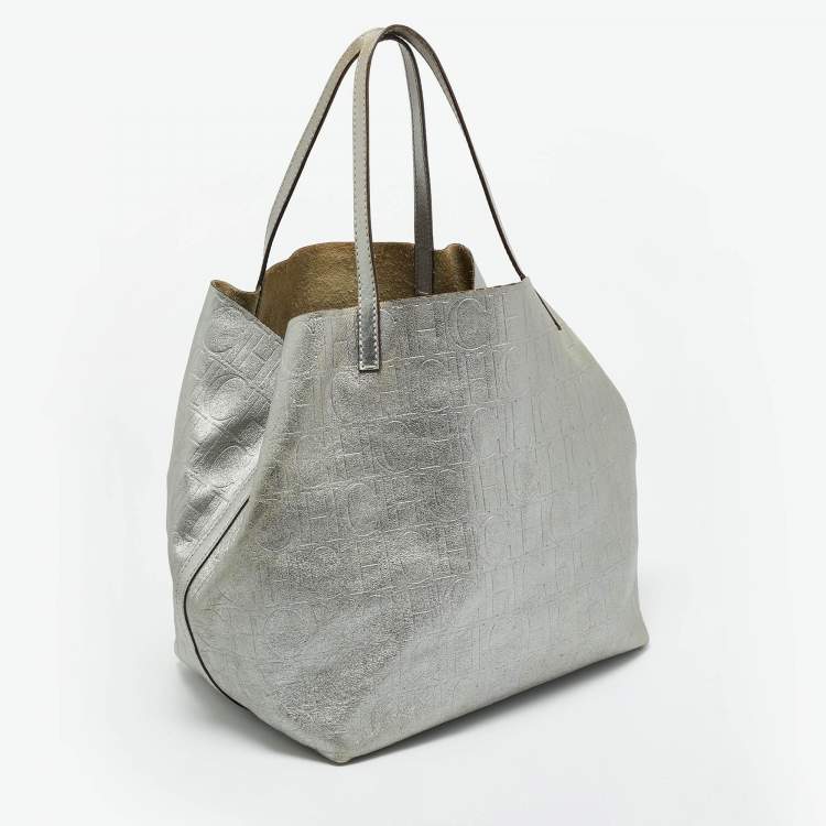 Pre Owned Carolina Herrera Matryoshka Metallic Grey Monogram Leather Tote