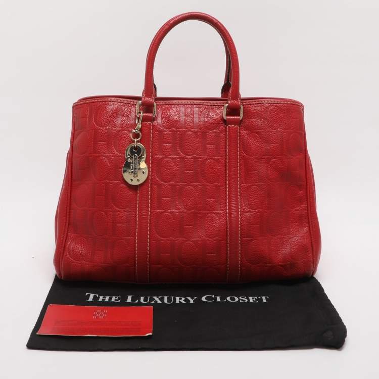 Pre Owned CH Carolina Herrera Matteo Red Monogram Embossed Leather Tote