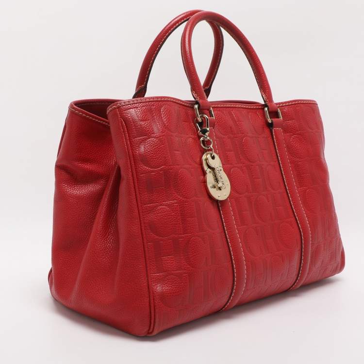 Pre Owned CH Carolina Herrera Matteo Red Monogram Embossed Leather Tote