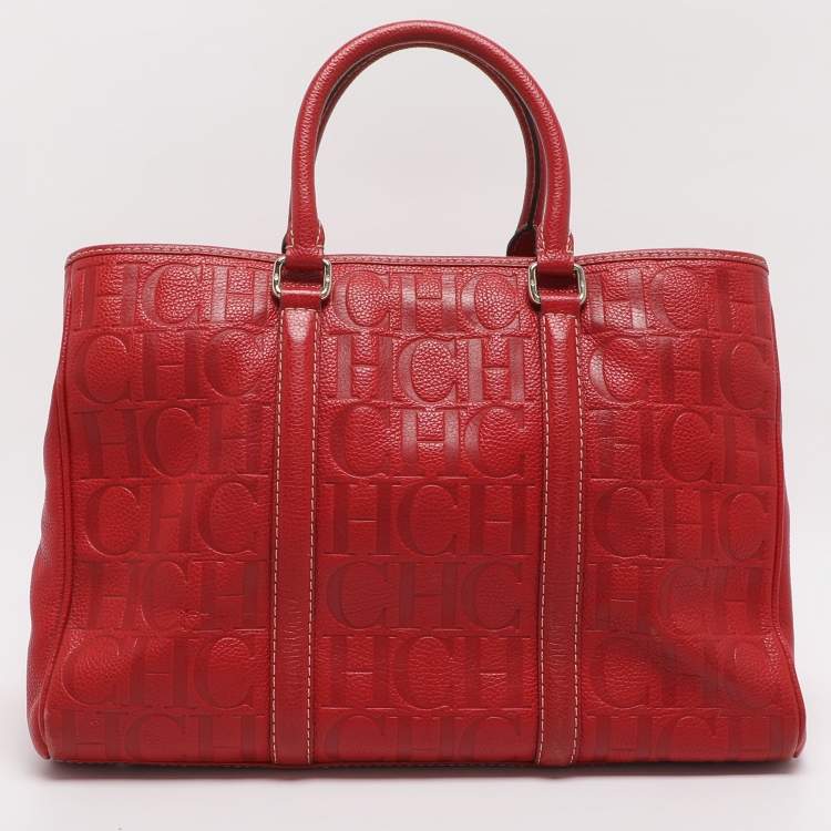 Pre Owned CH Carolina Herrera Matteo Red Monogram Embossed Leather Tote