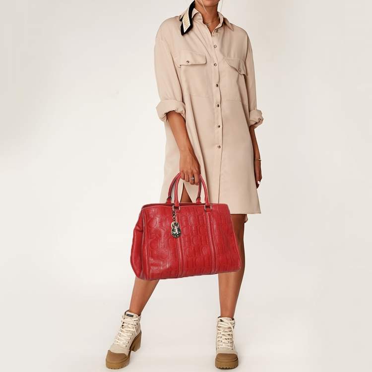 Pre Owned CH Carolina Herrera Matteo Red Monogram Embossed Leather Tote