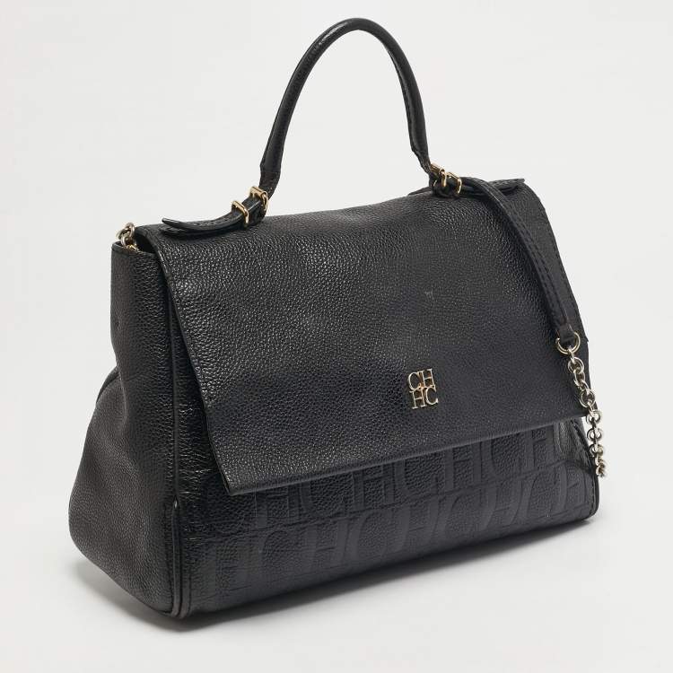 Pre Owned CH Carolina Herrera Minuetto Flap Black Monogram Embossed Leather Top Handle Bag