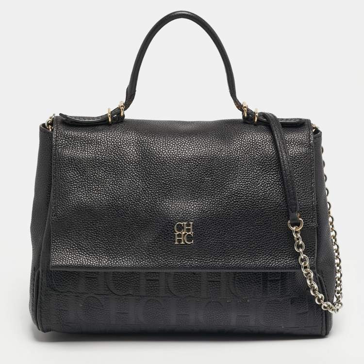 Pre Owned CH Carolina Herrera Minuetto Flap Black Monogram Embossed Leather Top Handle Bag