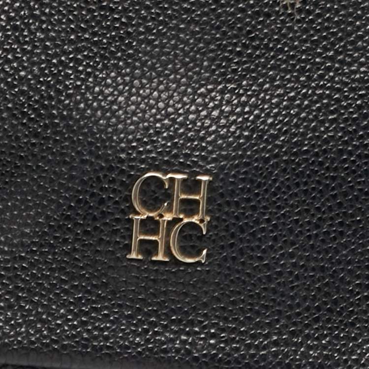 Pre Owned CH Carolina Herrera Minuetto Flap Black Monogram Embossed Leather Top Handle Bag