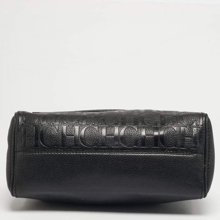 Pre Owned CH Carolina Herrera Minuetto Flap Black Monogram Embossed Leather Top Handle Bag