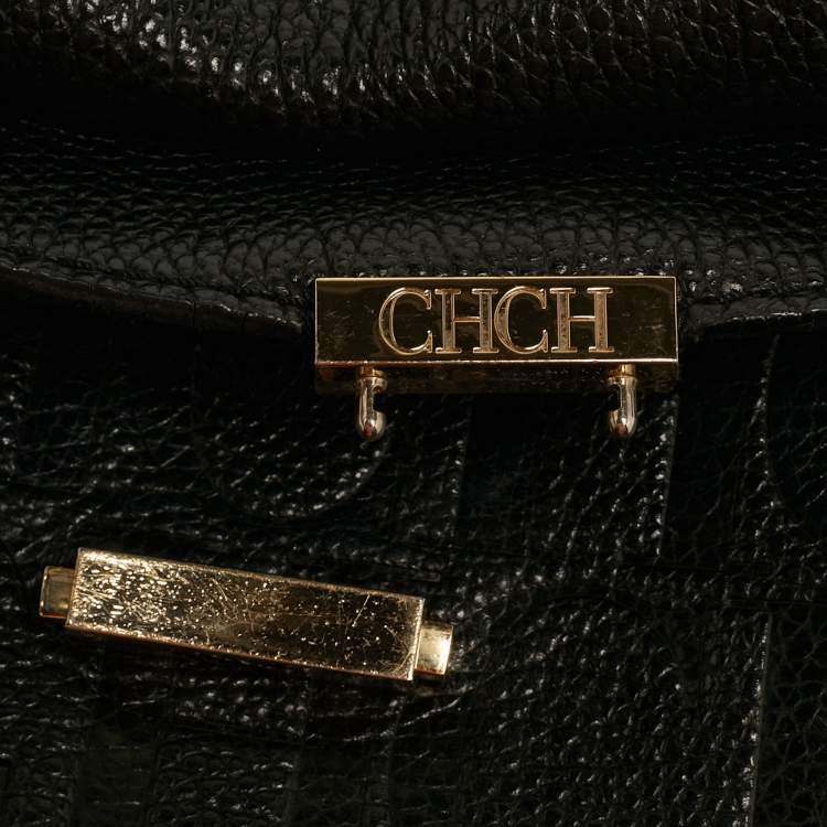 Pre Owned CH Carolina Herrera Minuetto Flap Black Monogram Embossed Leather Top Handle Bag