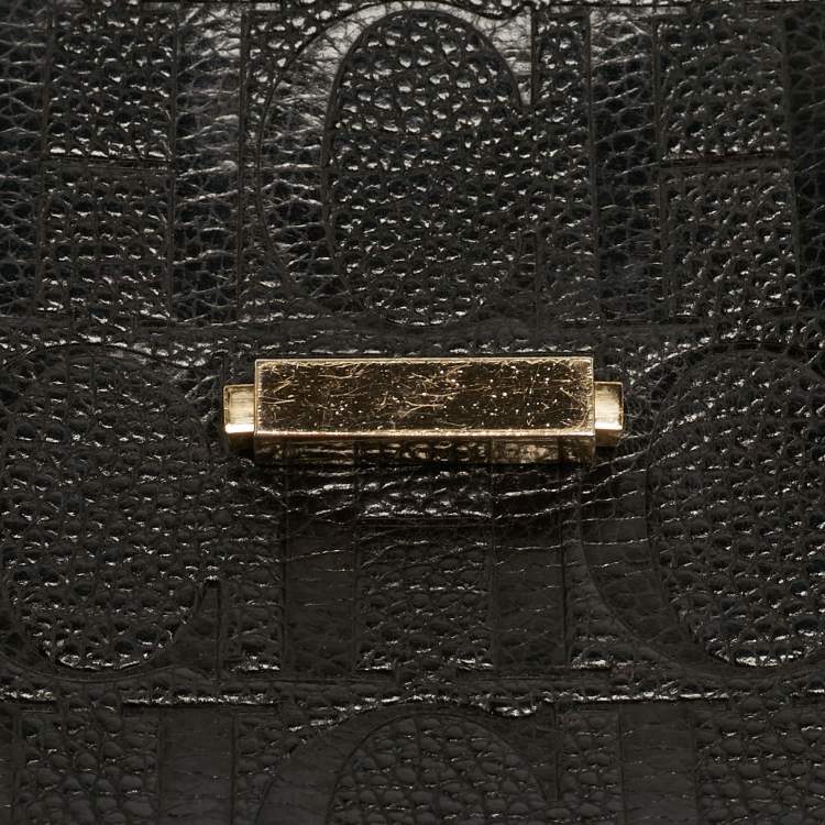 Pre Owned CH Carolina Herrera Minuetto Flap Black Monogram Embossed Leather Top Handle Bag