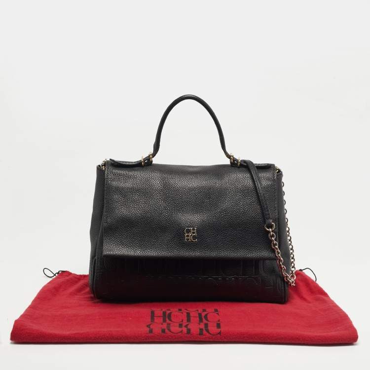 Pre Owned CH Carolina Herrera Minuetto Flap Black Monogram Embossed Leather Top Handle Bag