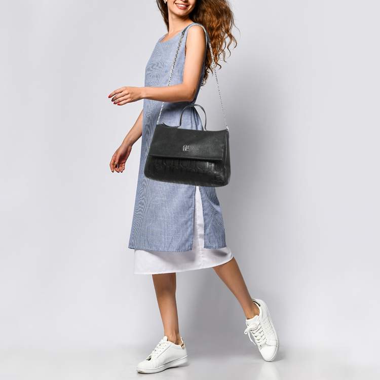 Pre Owned CH Carolina Herrera Minuetto Flap Black Monogram Embossed Leather Top Handle Bag