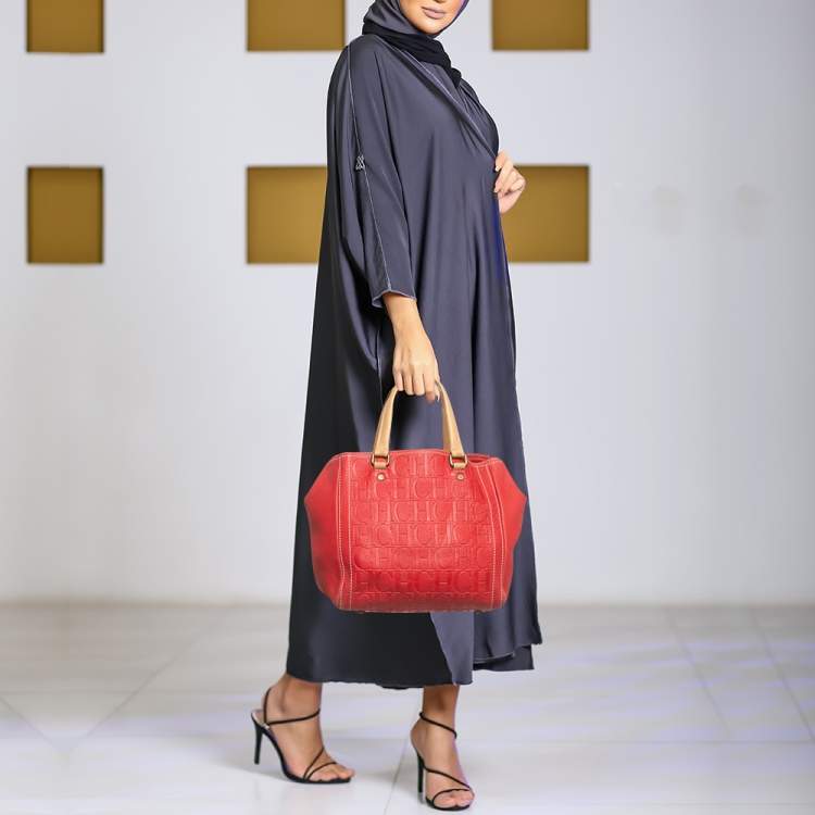 Pre Owned CH Carolina Herrera Andy Red Monogram Leather Tote