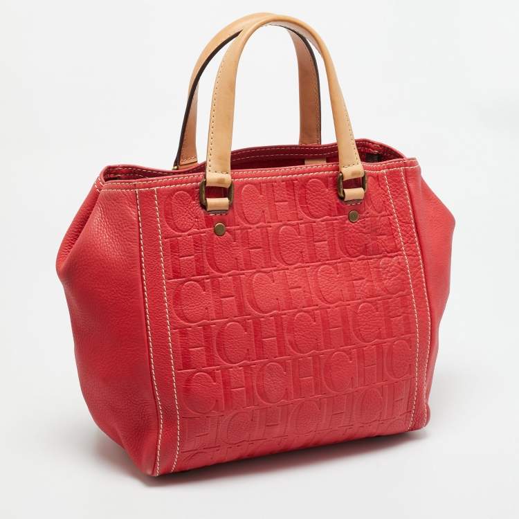 Pre Owned CH Carolina Herrera Andy Red Monogram Leather Tote