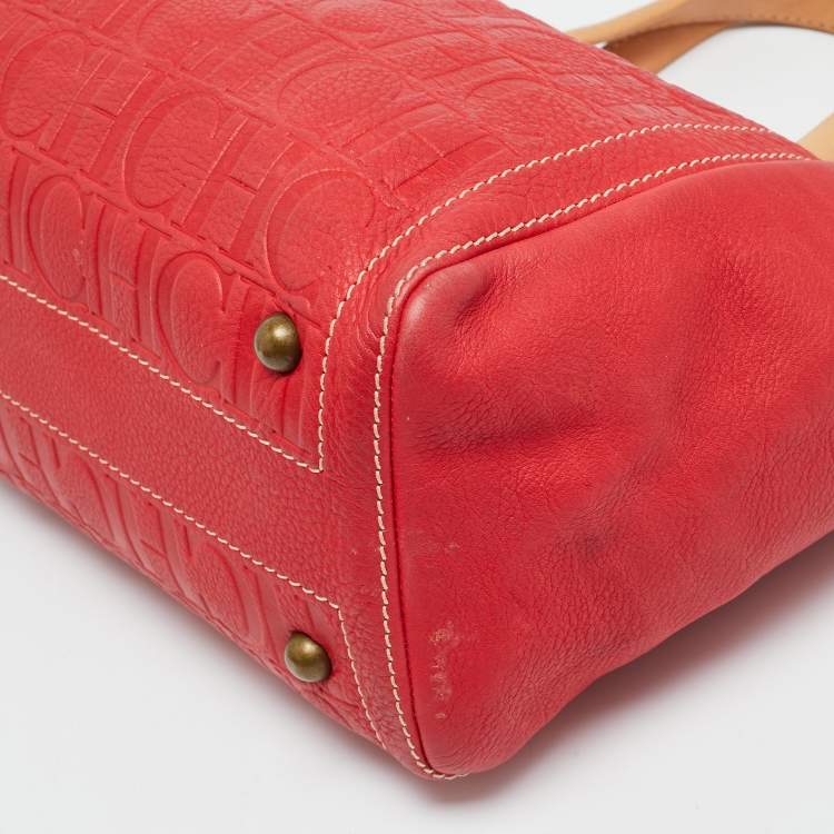 Pre Owned CH Carolina Herrera Andy Red Monogram Leather Tote