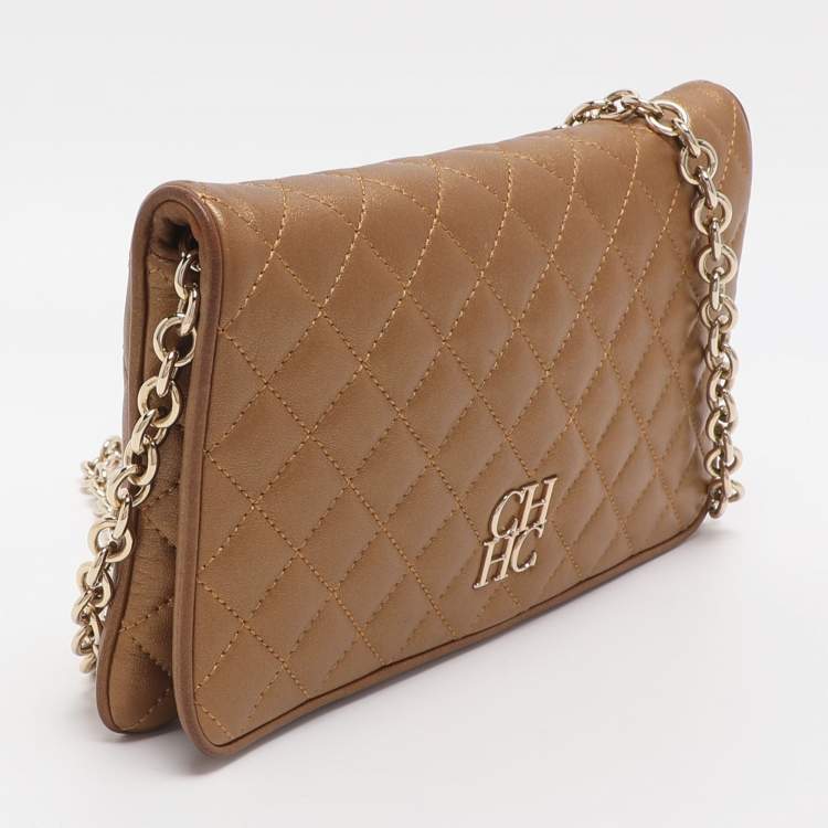 Pre Owned CH Carolina Herrera Gold Quilted Leather Flap Shoulder Bag