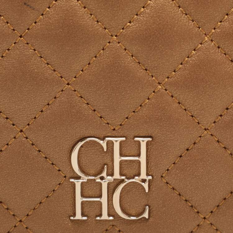 Pre Owned CH Carolina Herrera Gold Quilted Leather Flap Shoulder Bag