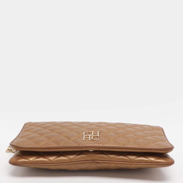 Pre Owned CH Carolina Herrera Gold Quilted Leather Flap Shoulder Bag