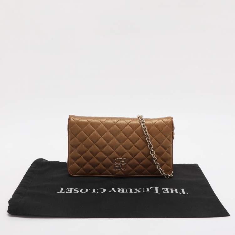 Pre Owned CH Carolina Herrera Gold Quilted Leather Flap Shoulder Bag