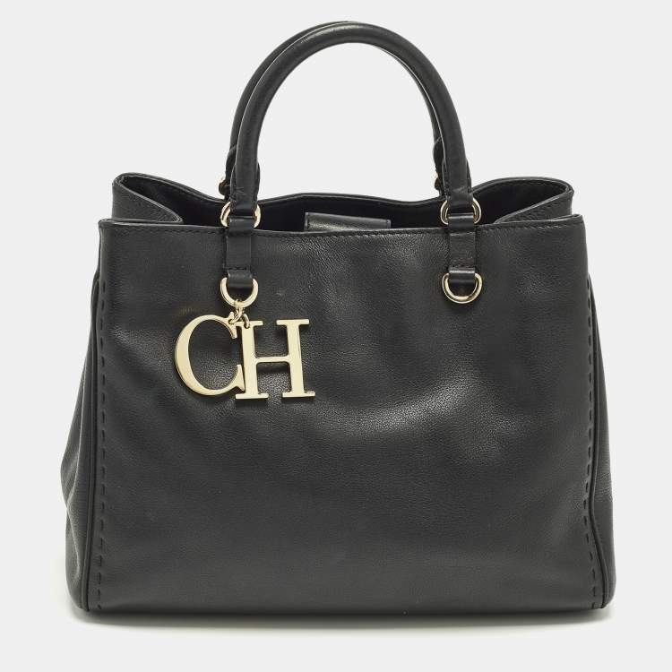 Pre Owned CH Carolina Herrera Black Leather Charm Tote