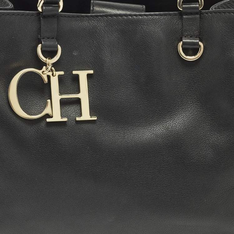 Pre Owned CH Carolina Herrera Black Leather Charm Tote