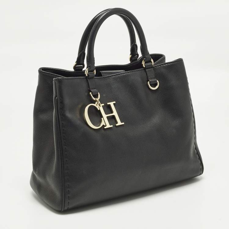Pre Owned CH Carolina Herrera Black Leather Charm Tote