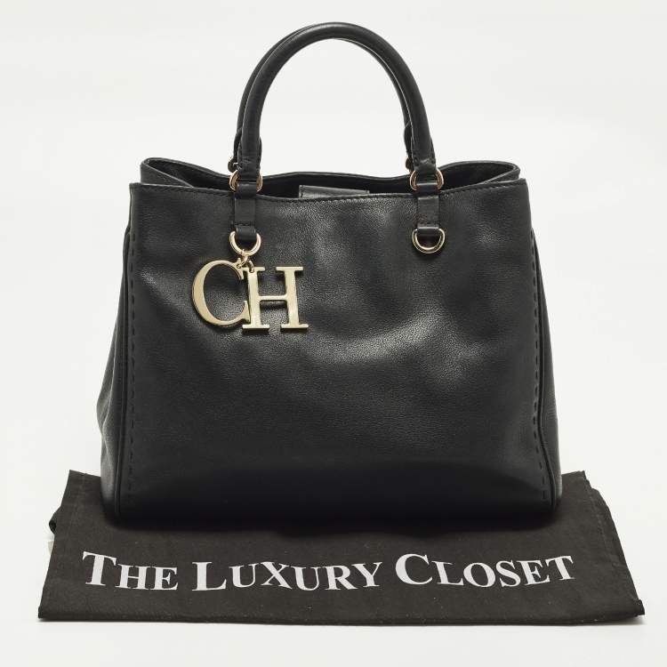 Pre Owned CH Carolina Herrera Black Leather Charm Tote