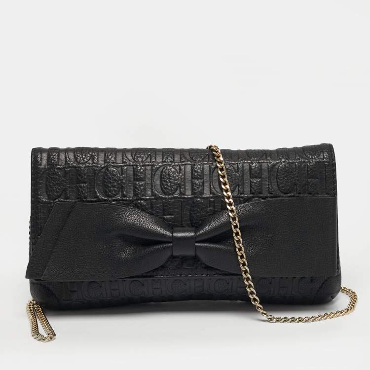 Pre Owned CH Carolina Herrera Black Monogram Embossed Leather Bow Flap Chain Shoulder Bag